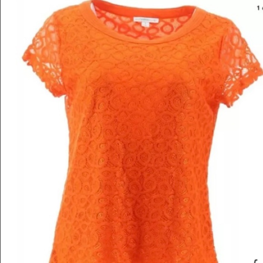 Isaac Mizrahi Short Slv Knit Lace Top Paprika NEW
